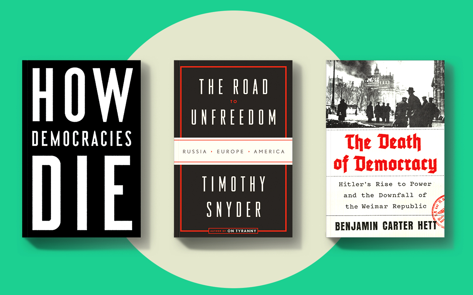 How Democracies Die; The Road to Unfreedom; and The Death of Democracy: Hitler's Rise to Power and the Downfall of the Weimar Republic.