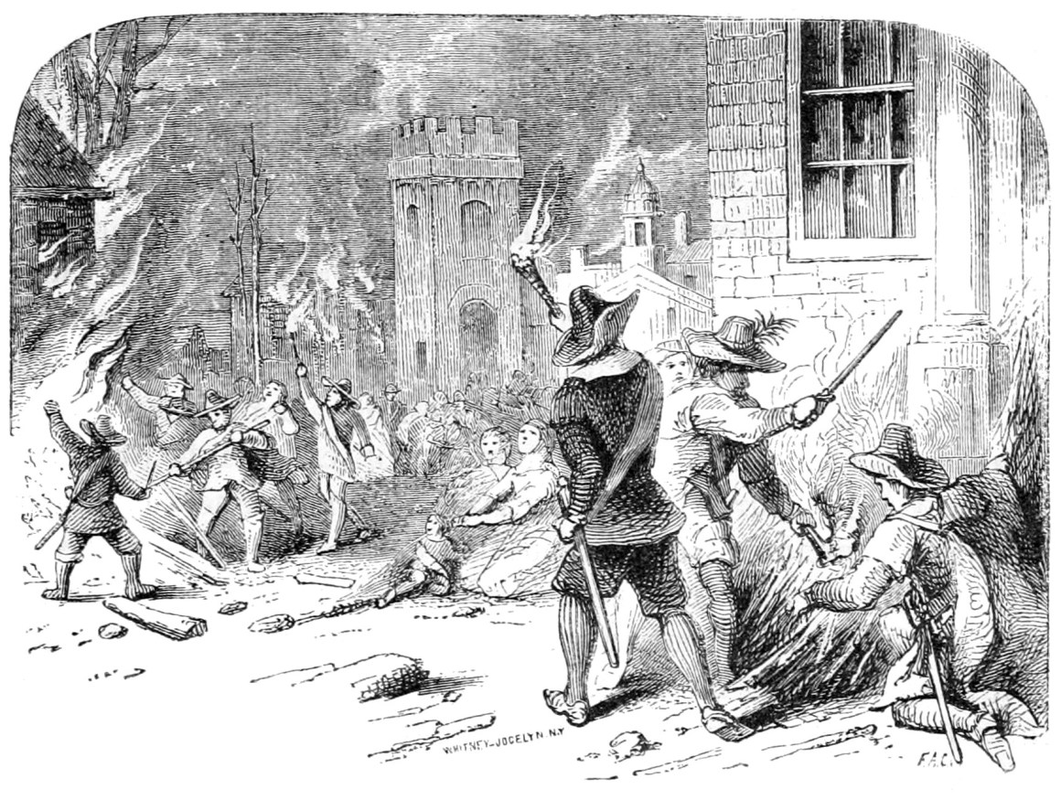 A 19th-century engraving depicting the burning of Jamestown, Virginia, during Bacon's Rebellion.