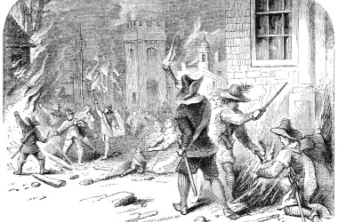 A 19th-century engraving depicting the burning of Jamestown, Virginia, during Bacon's Rebellion.