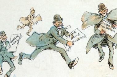 Reporters with various forms of "fake news," from an 1894 illustration by Frederick Burr Opper.