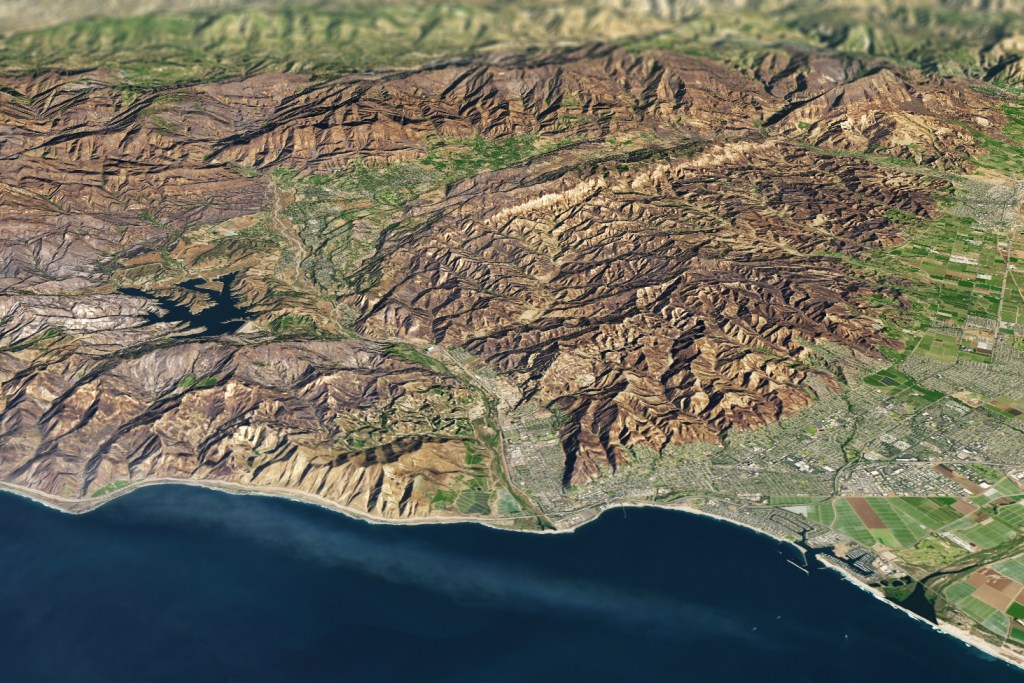 The Thomas Fire burn scar is visible as the brown, denuded landscape in this satellite image, rendered on December 18th, 2017.