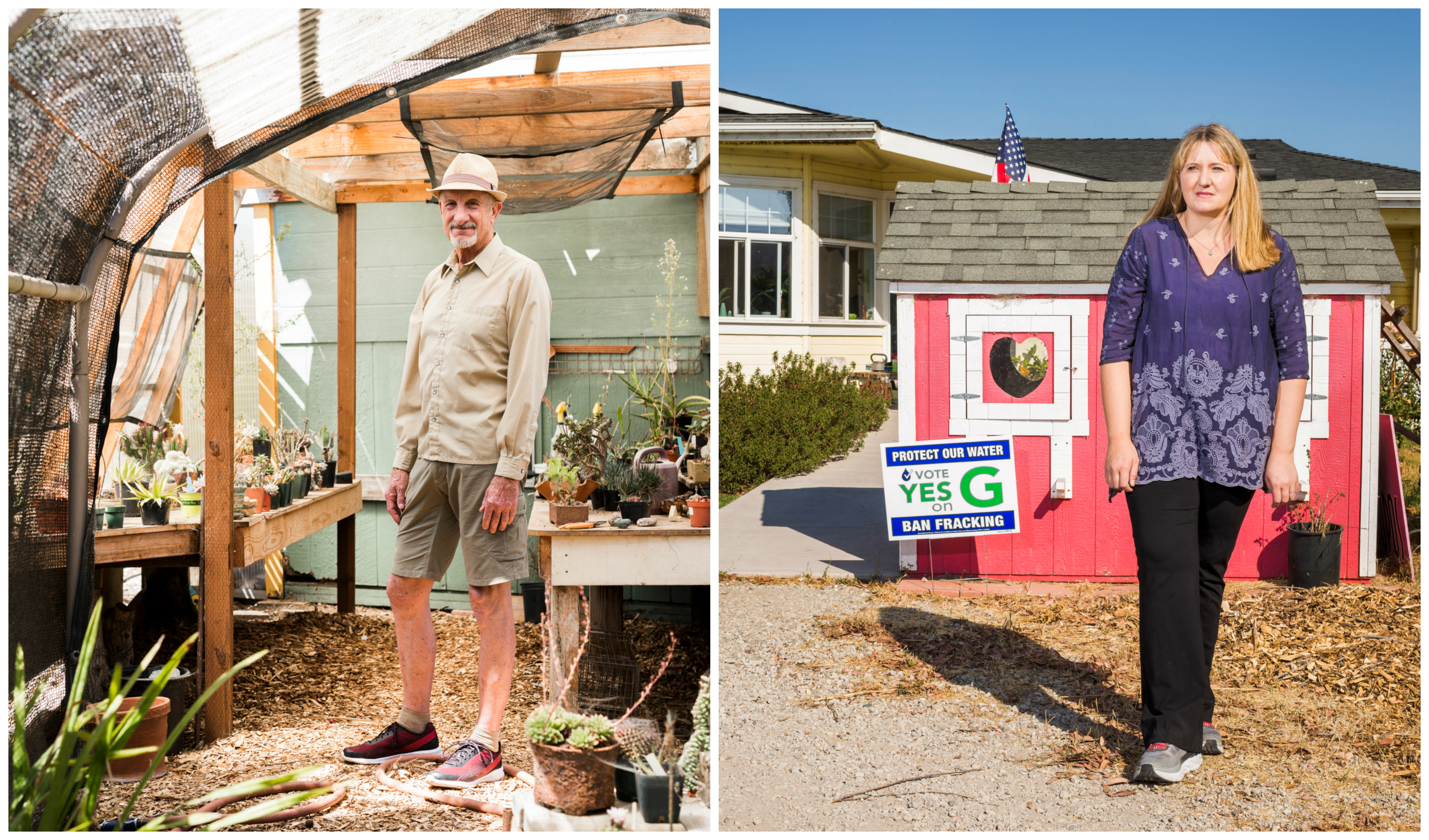 Left: Charles Varni, a retired professor and the co-founder of a grassroots group behind a ballot measure to ban new oil development in San Luis Obispo County, at his home in Oceano, California. | Right: Natalie Risner, the group's co-founder, at her home next to the Price Canyon oil field.