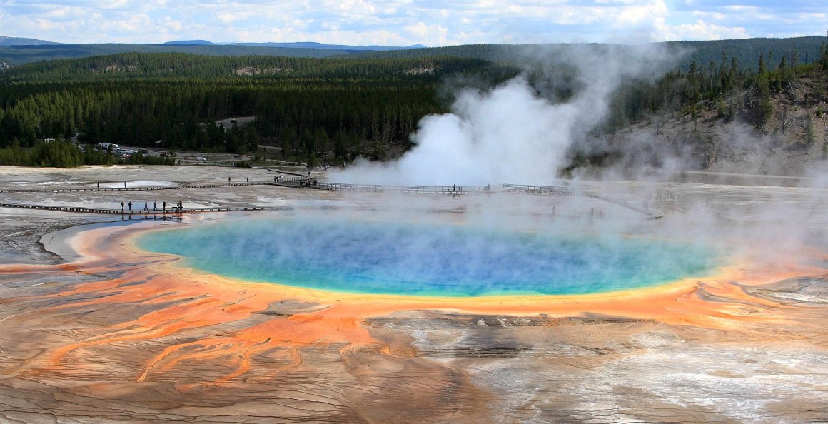 Grand Prismatic Spring is the largest hot spring in Yellowstone National Park.